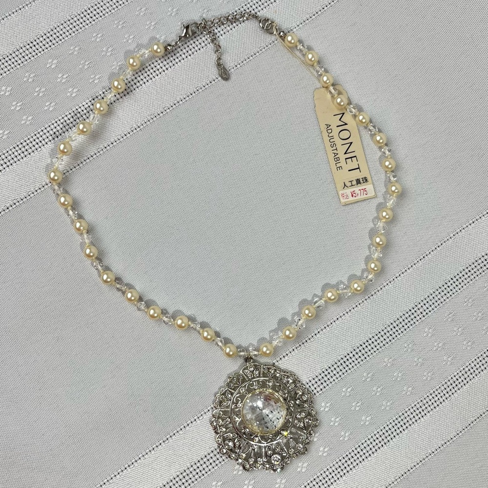 Vintage Monet Faux Pearl Necklace with Ornate Crystal Pendant 15 Inch Adjustable